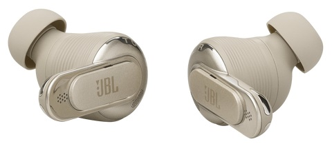 Dwie beżowe słuchawki JBL, skierowane do widza, na białym tle.