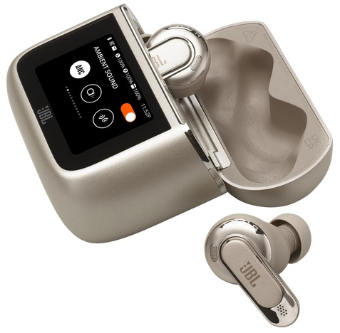 Słuchawki JBL w etui. Szary kolor. Białe tło. Etui jest otwarte.