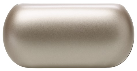 Błyszczący, owalny futerał w metalicznym, jasnobrązowym kolorze. Futerał jest pusty.