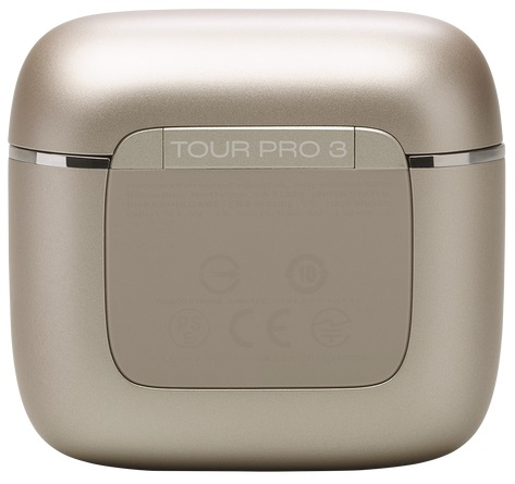 Złote etui ładujące do słuchawek z detalami i tekstem.