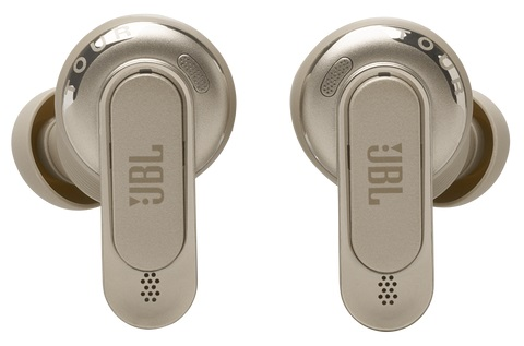 Dwie srebrne słuchawki JBL, zbliżenie, na białym tle.