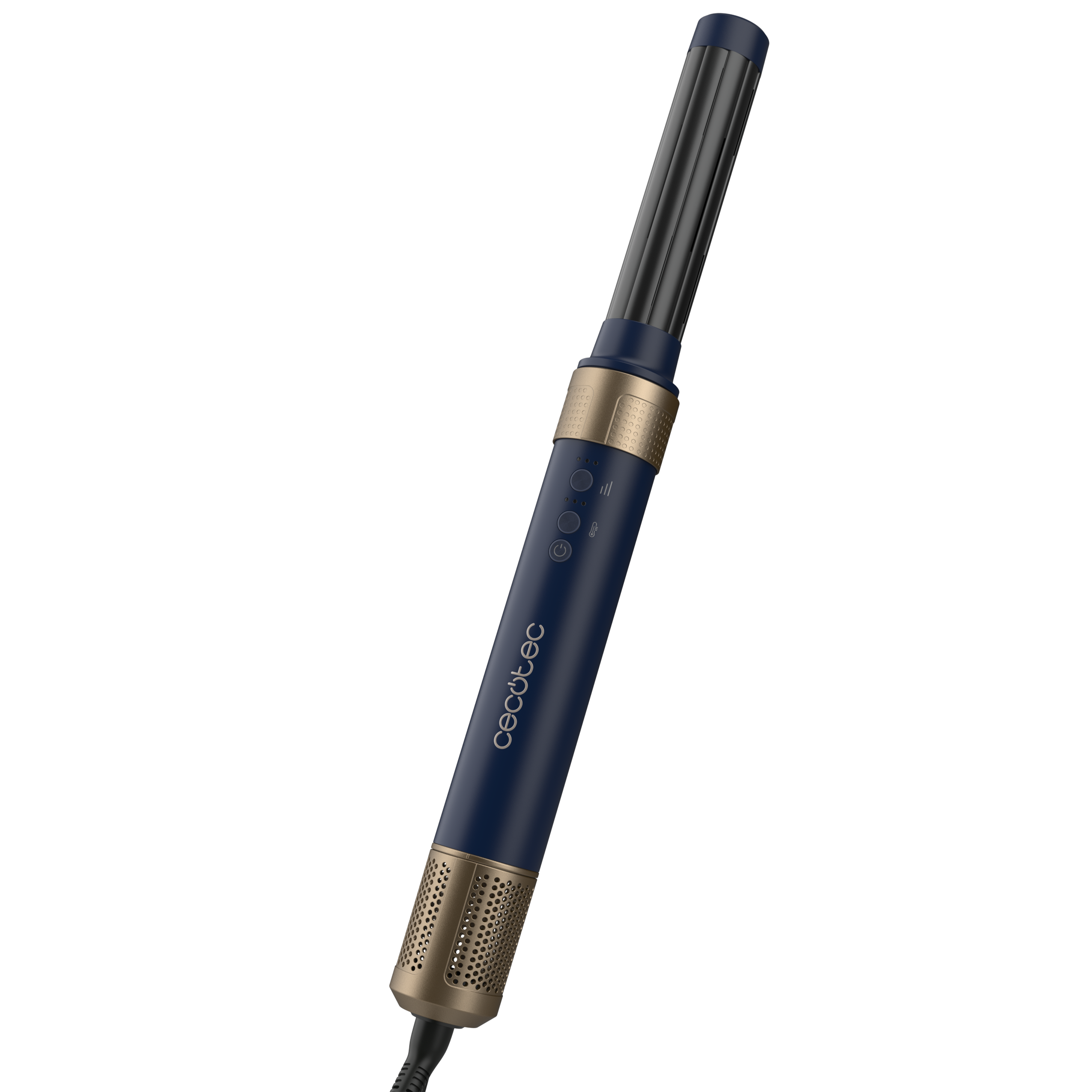 Una herramienta para peinar el cabello azul y dorado con un cable negro.