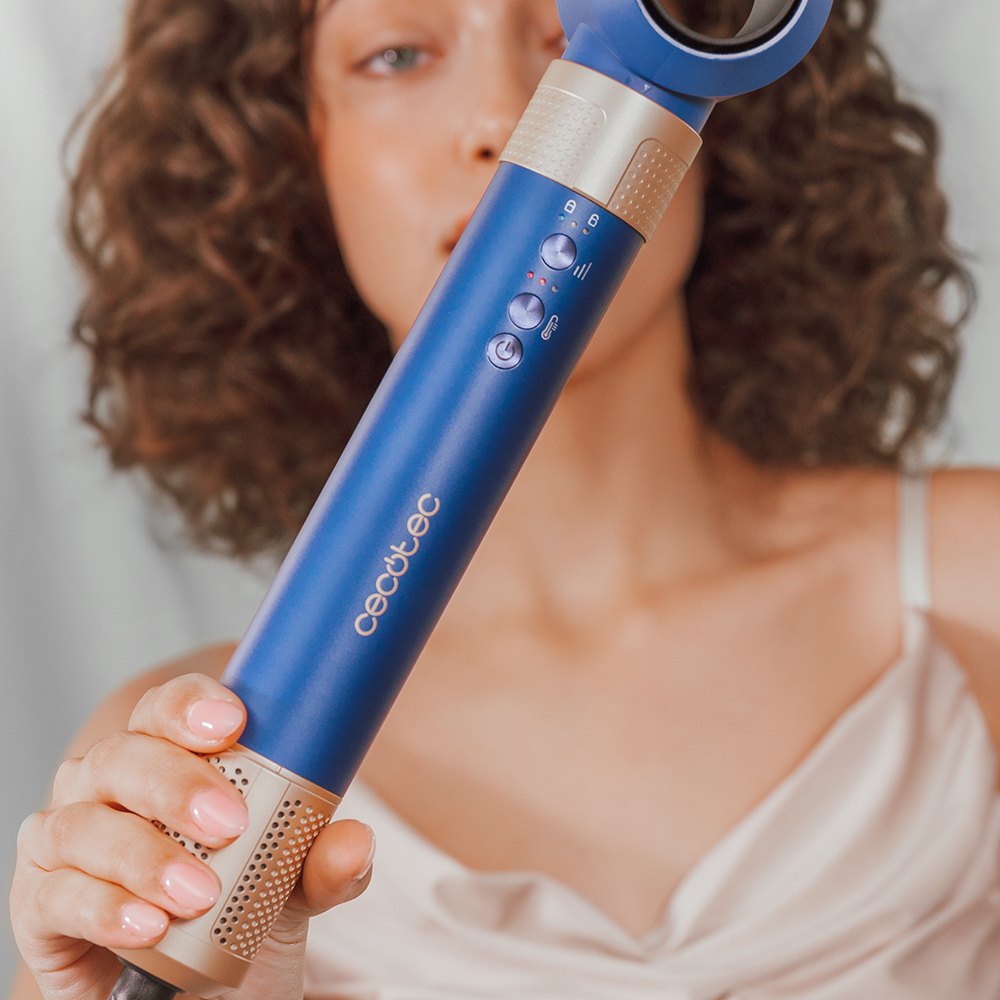 Moldeador - Cecotec Bamba CeramicCare 10in1 AirGlam Blue, Tecnología Coanda, 3 velocidades, 3 temperaturas, 10 cabezales, Función aire frío, Blue
