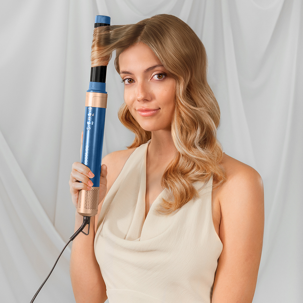 Moldeador - Cecotec Bamba CeramicCare 10in1 AirGlam Blue, Tecnología Coanda, 3 velocidades, 3 temperaturas, 10 cabezales, Función aire frío, Blue