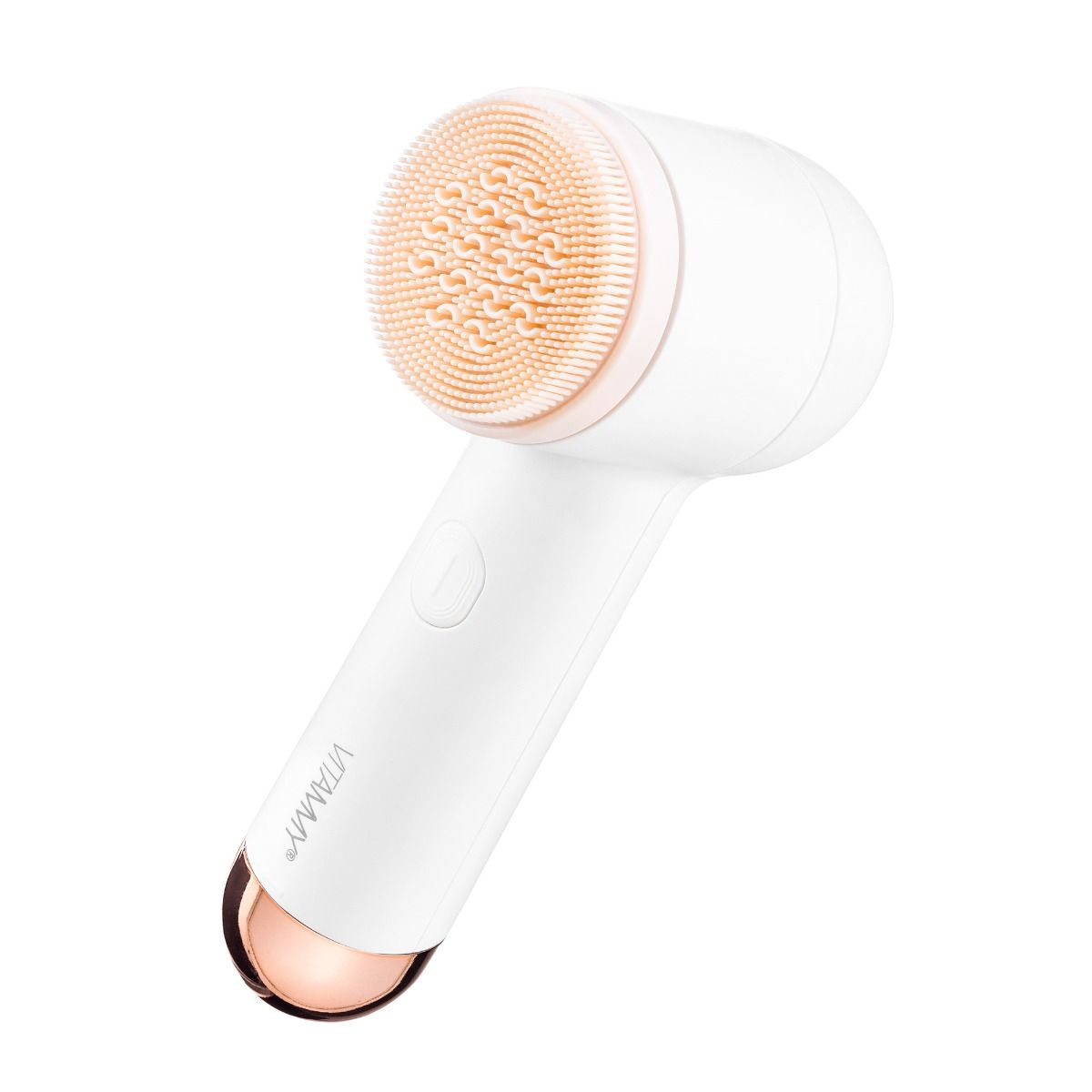 Biała szczoteczka do czyszczenia twarzy z różową główką z włosia i złotymi akcentami. Na białym tle.