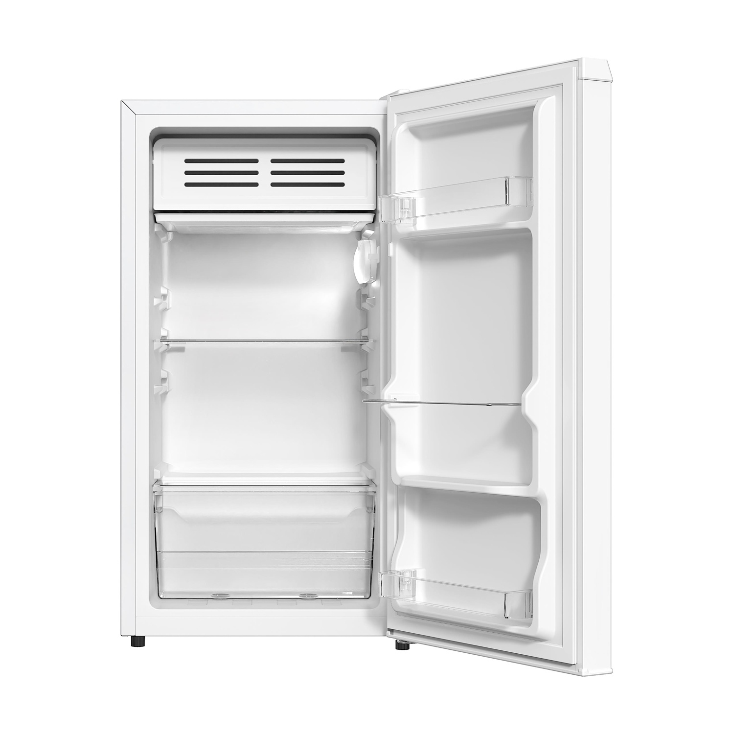 Frigorifero bianco con porta aperta. All'interno ci sono ripiani e un cassetto trasparente. Isolato su bianco.