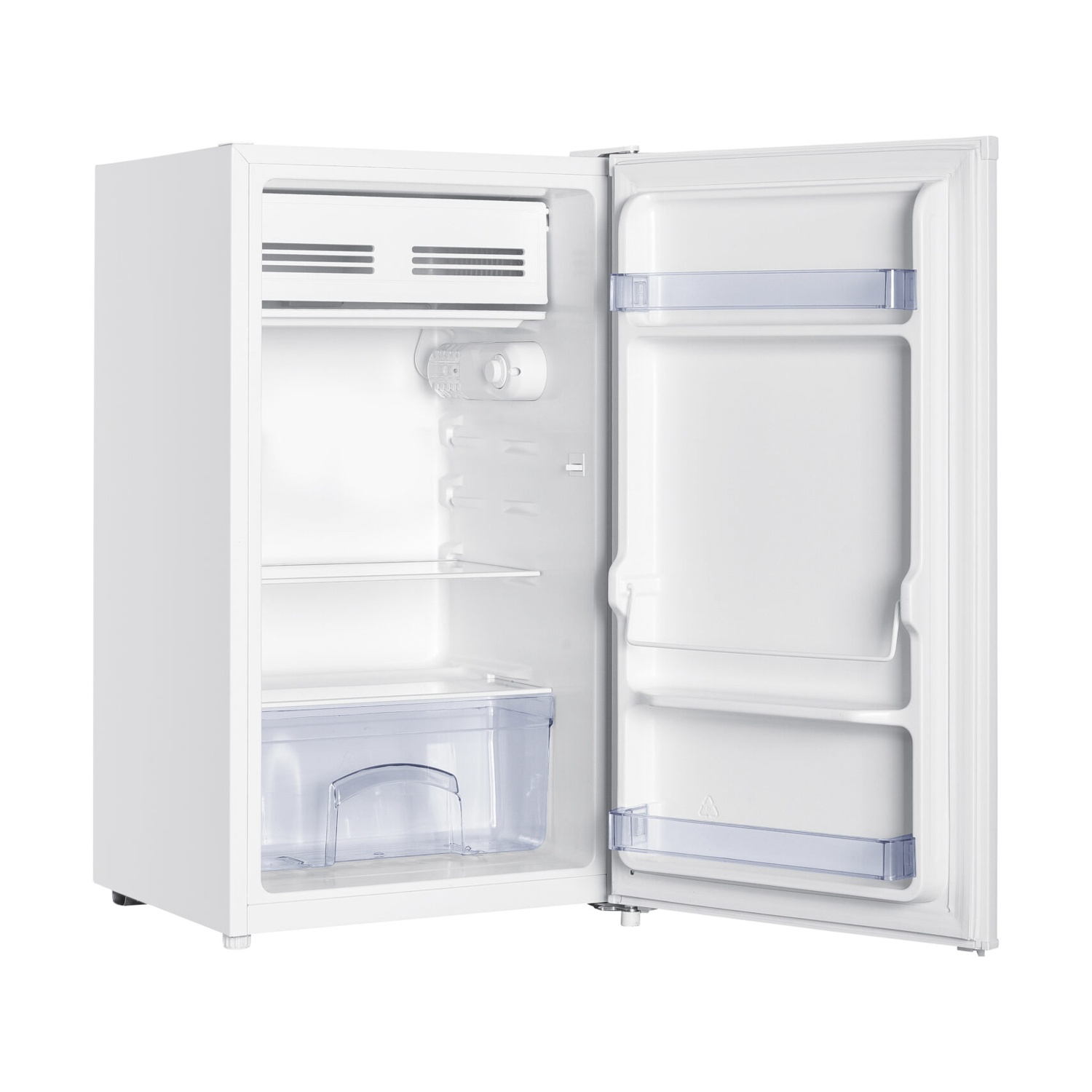 Mini-frigorifero bianco con la porta aperta. Interno mostra ripiani, cassetto e ventilazione.