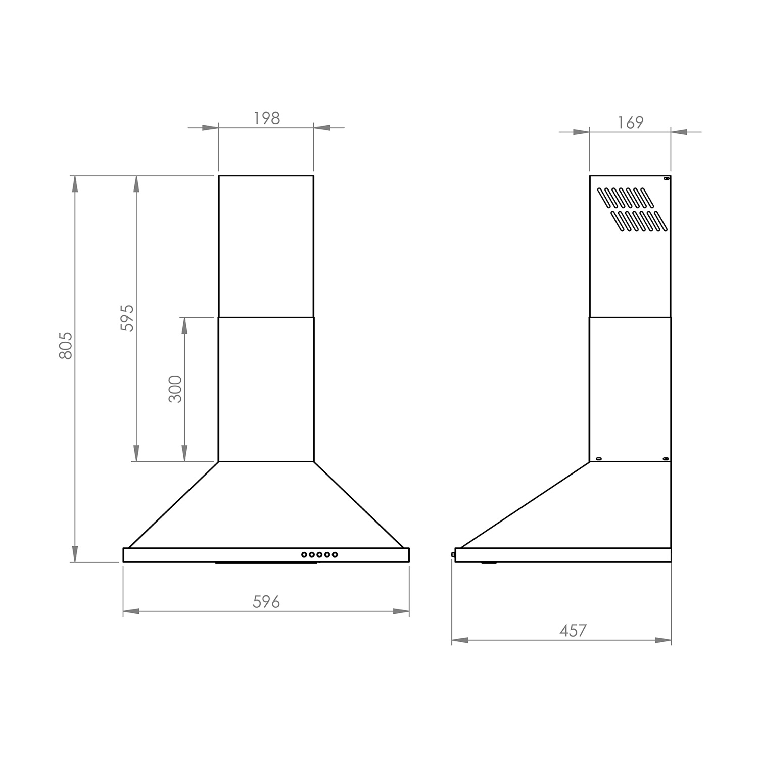 Disegno tecnico di una cappa da cucina. Mostra dimensioni e dettagli per l'installazione e il design.