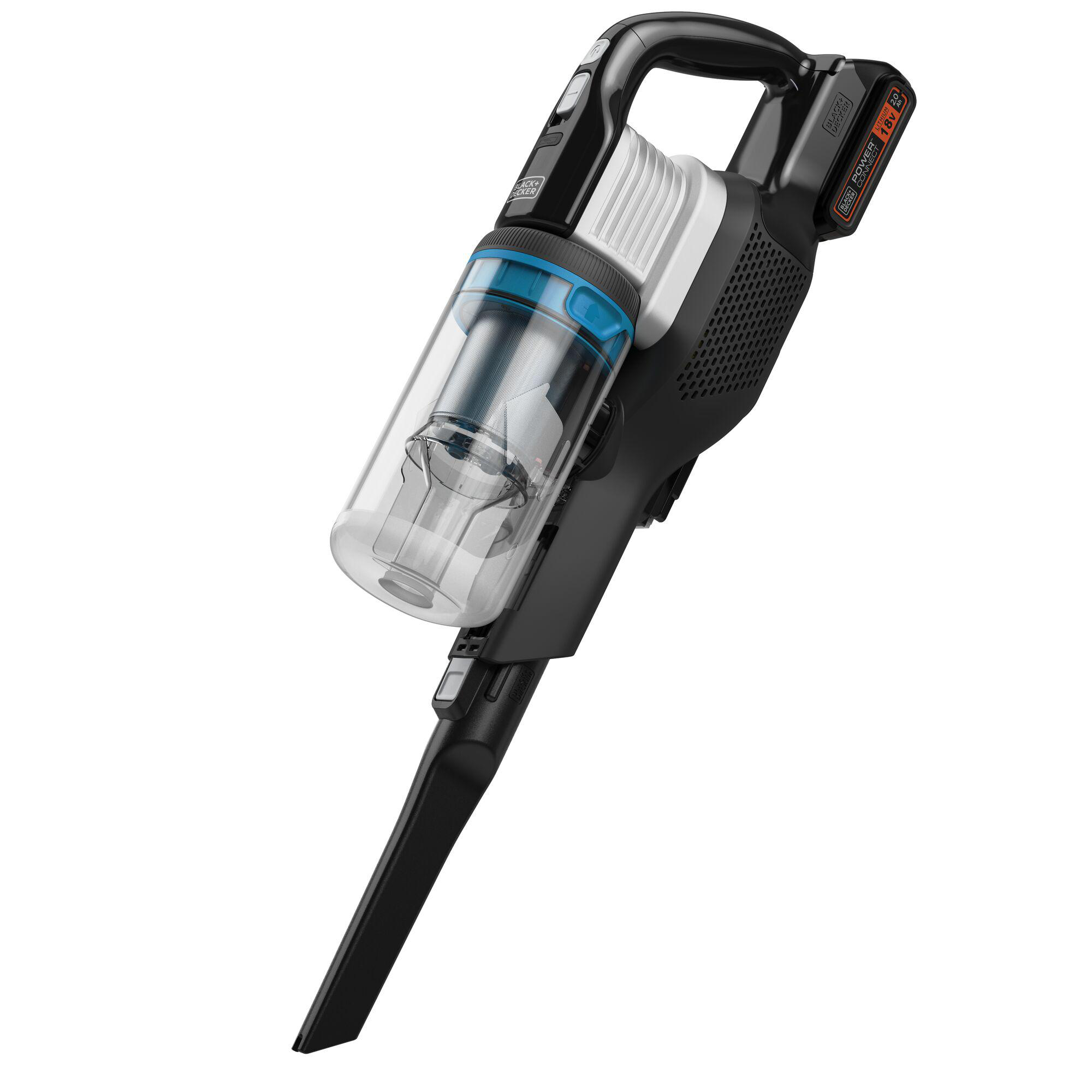 Schwarz-weißer Handstaubsauger. Black+Decker Logo darauf.