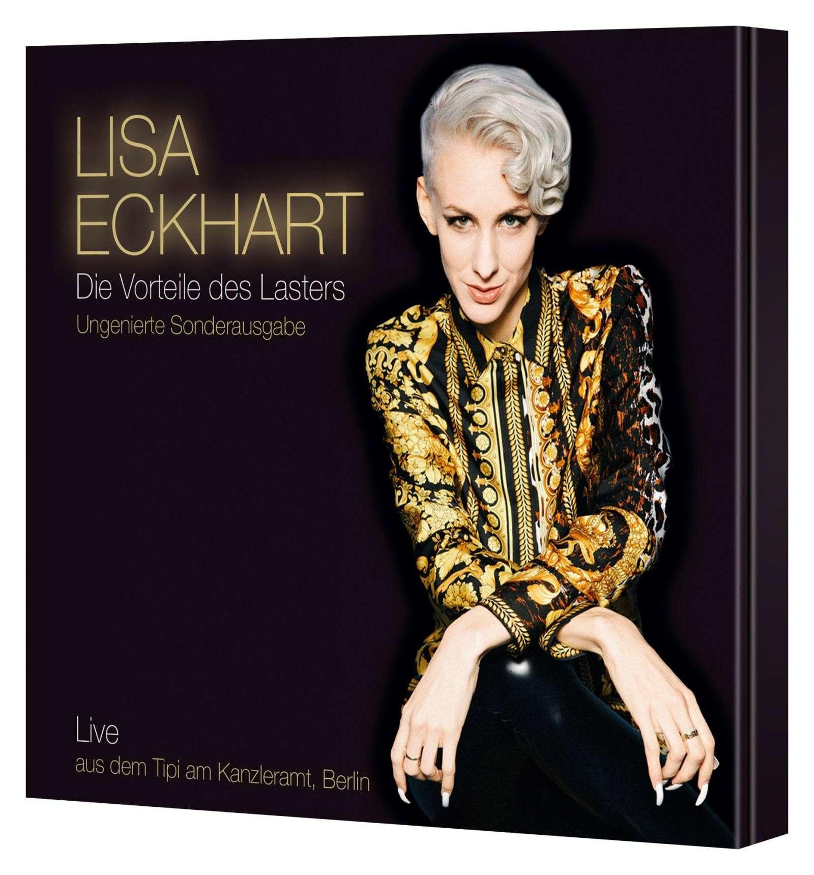 Albumcover mit Frau in goldgemusterter Jacke. Text sagt 'Lisa Eckhart' und 'Die Vorteile des Lasters'.