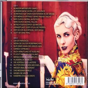 Rückseite einer CD mit Text und dem Gesicht einer Frau.