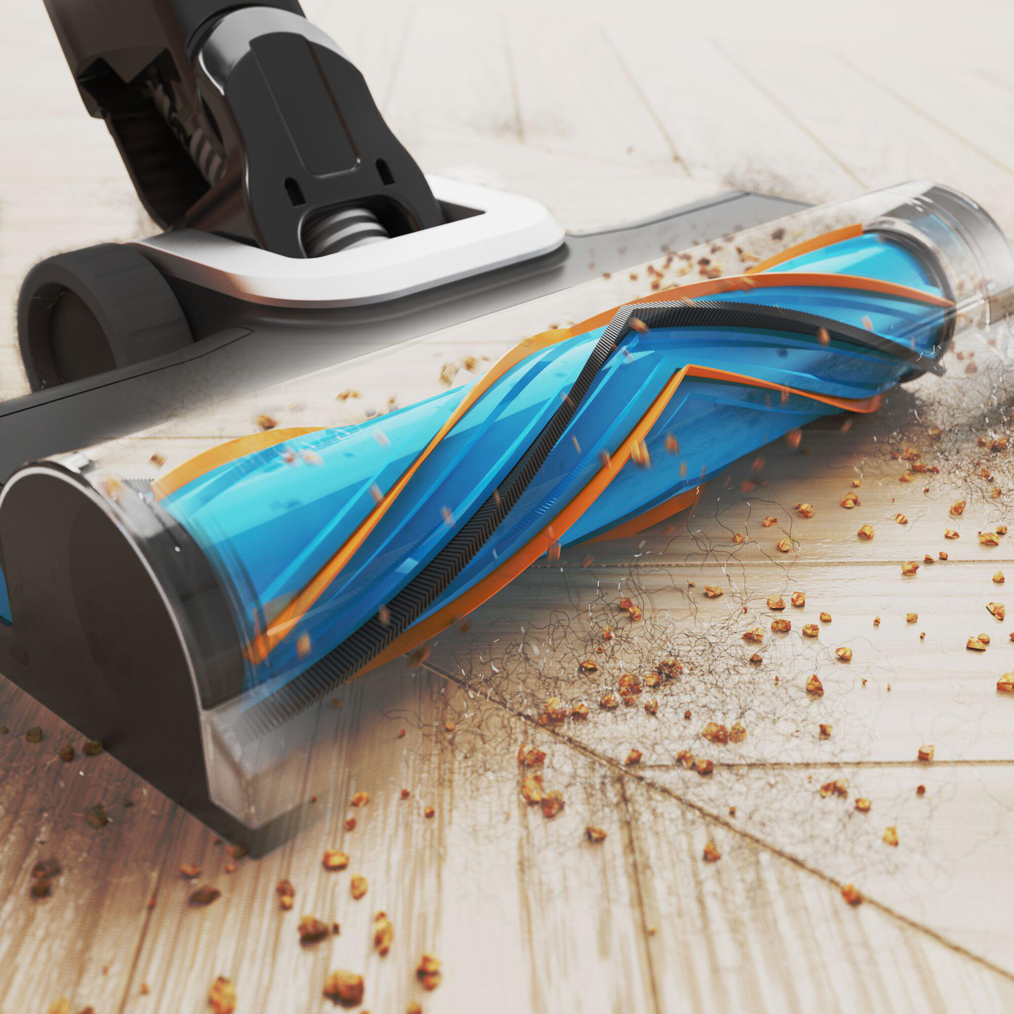 Staubsaugerkopf mit rotierender Bürste. Blaue und orange Borsten. Holzboden. Nahaufnahme.