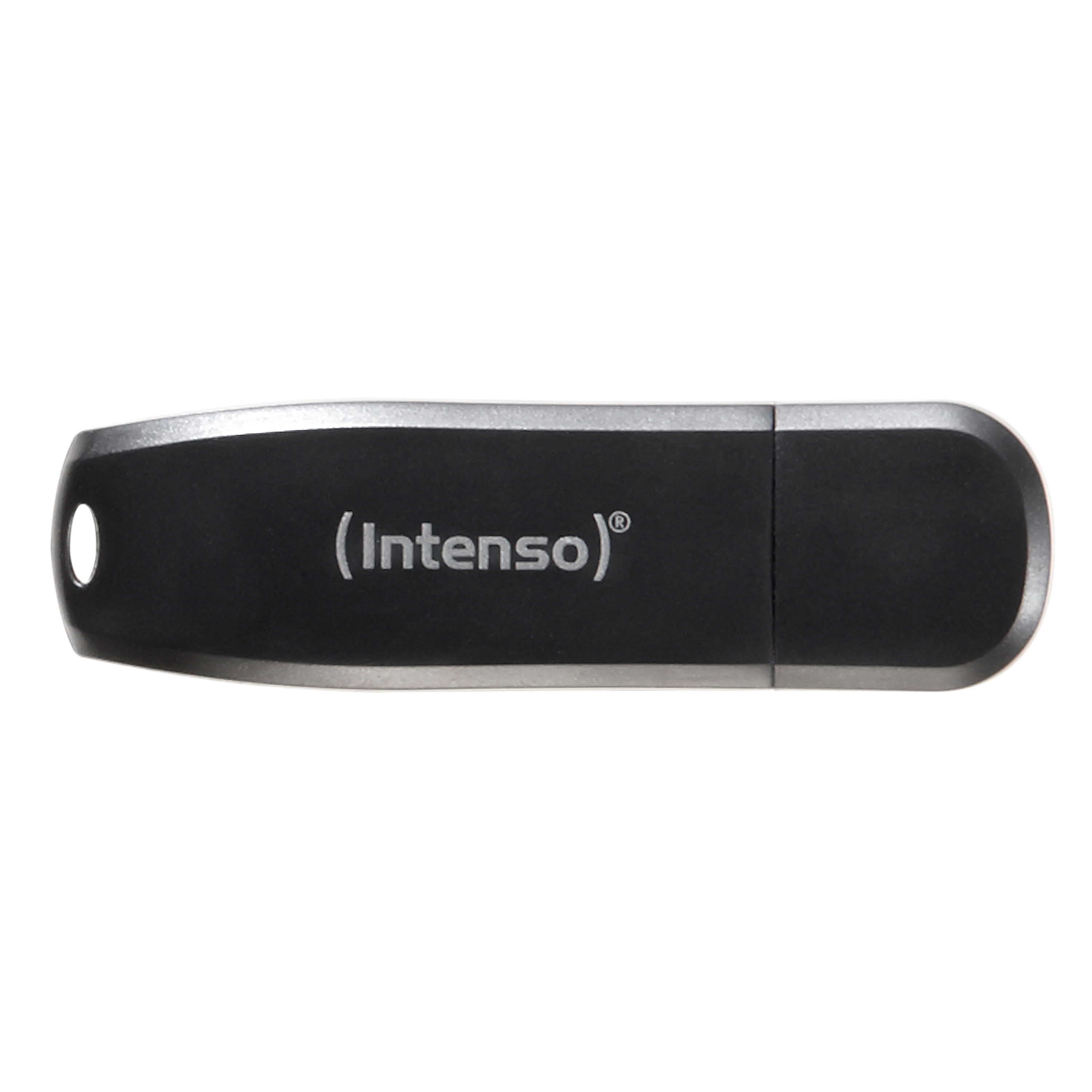 Schwarzer USB-Stick mit silbernen Akzenten und weißem Hintergrund.