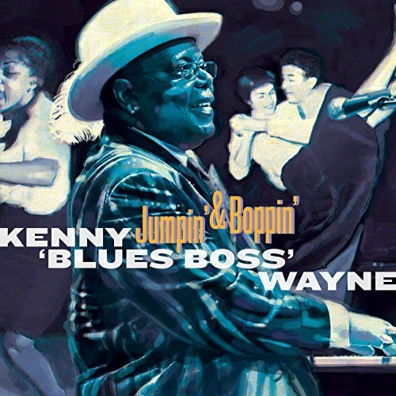 Albumcover-Kunst zeigt einen Mann mit Hut, der Klavier spielt. Text enthält 'Jumpin' & Boppin' Blues Boss'.