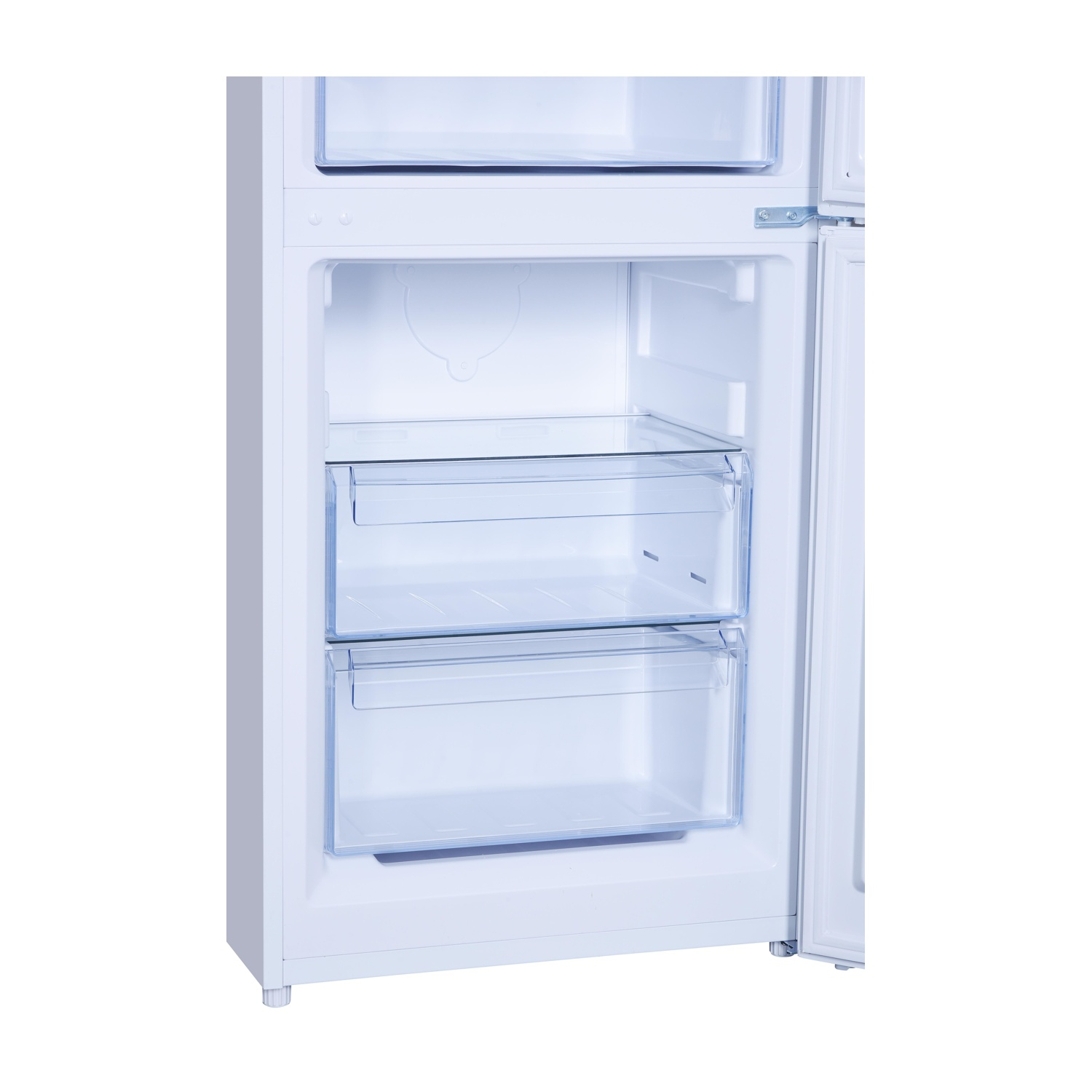 Frigorifero bianco con porta aperta, che mostra due cassetti trasparenti.