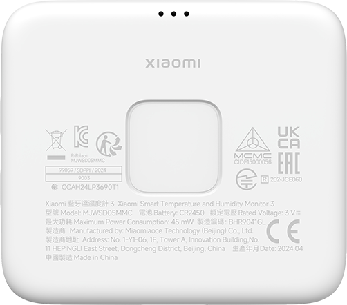 Fehér Xiaomi okos hőmérséklet- és páratartalom-figyelő. A hátoldalon a márka, a modell és egyéb információk láthatók.