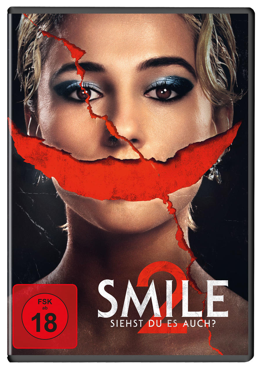 Smile 2 Film-DVD-Cover. Gesicht einer Frau mit rotem Schlitz. Roter und schwarzer Text.