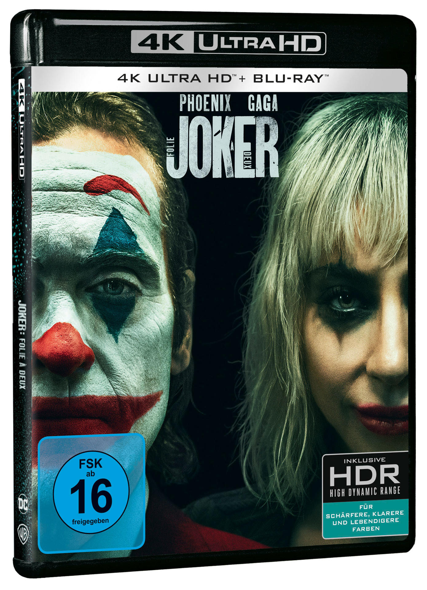Joker Blu-ray-Hülle mit Joaquin Phoenix und Lady Gaga, schwarzer Hintergrund.
