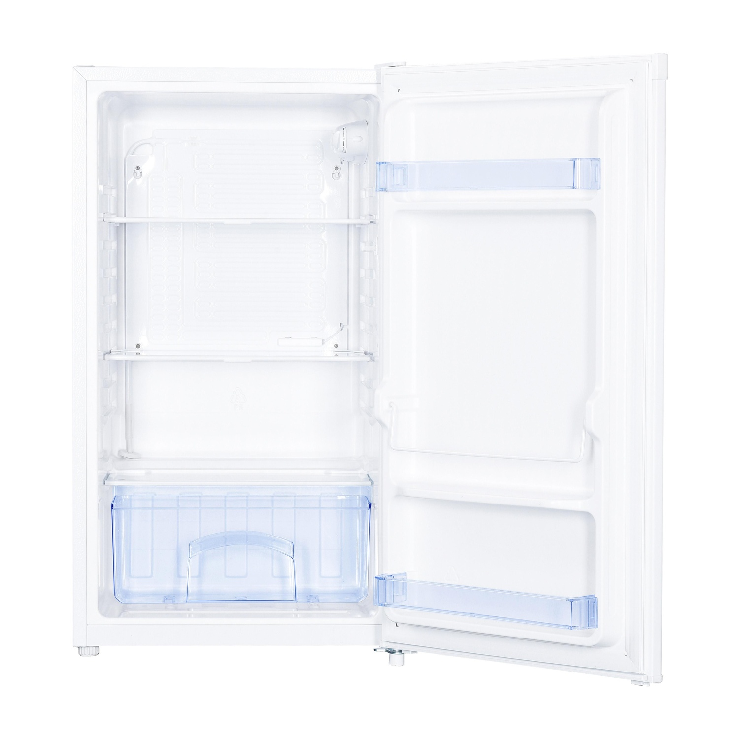 Frigorifero bianco con porta aperta. Ripiani e cassetti visibili. Sfondo bianco.