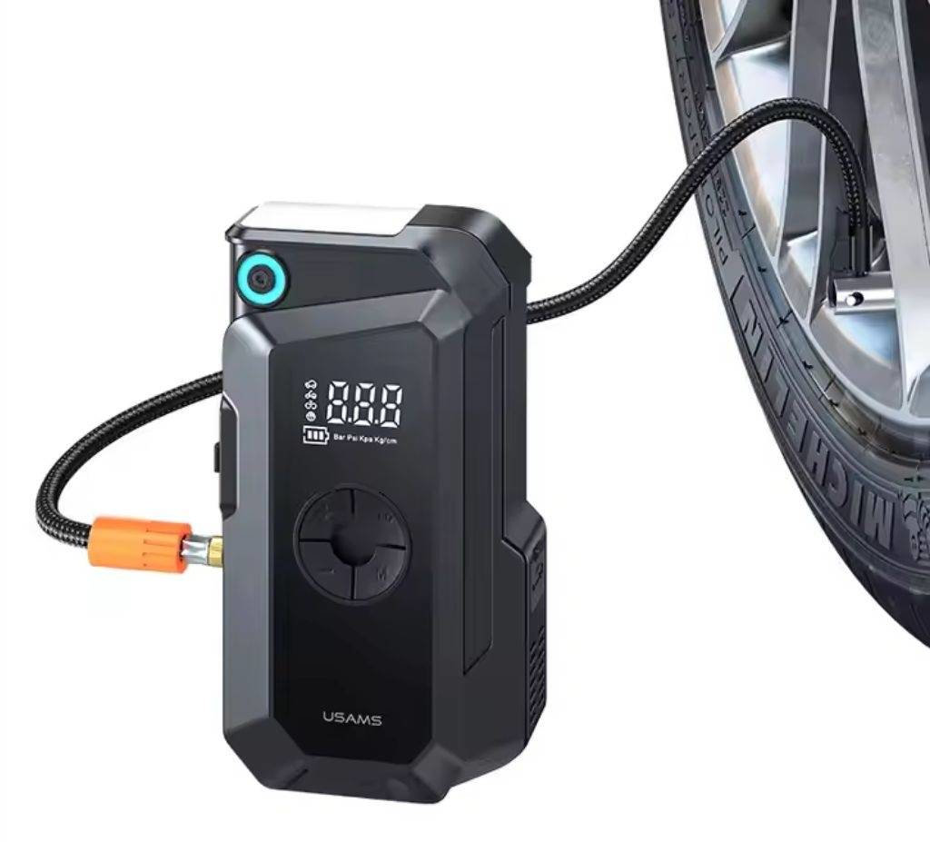 Czarny przenośny inflator opon z wyświetlaczem cyfrowym.