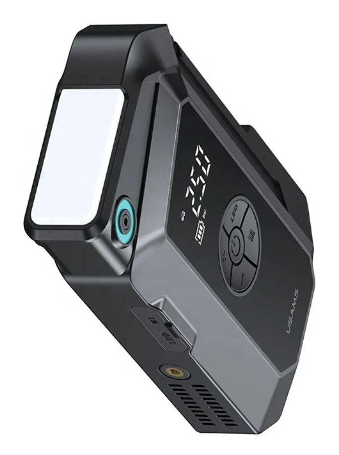 Przenośna sprężarka powietrza z wyświetlaczem cyfrowym. Czarno-szara kolorystyka.