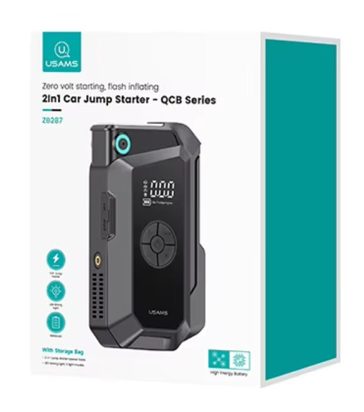 Czarno-szary rozrusznik samochodowy z biało-turkusowym pudełkiem. Posiada wyświetlacz cyfrowy.