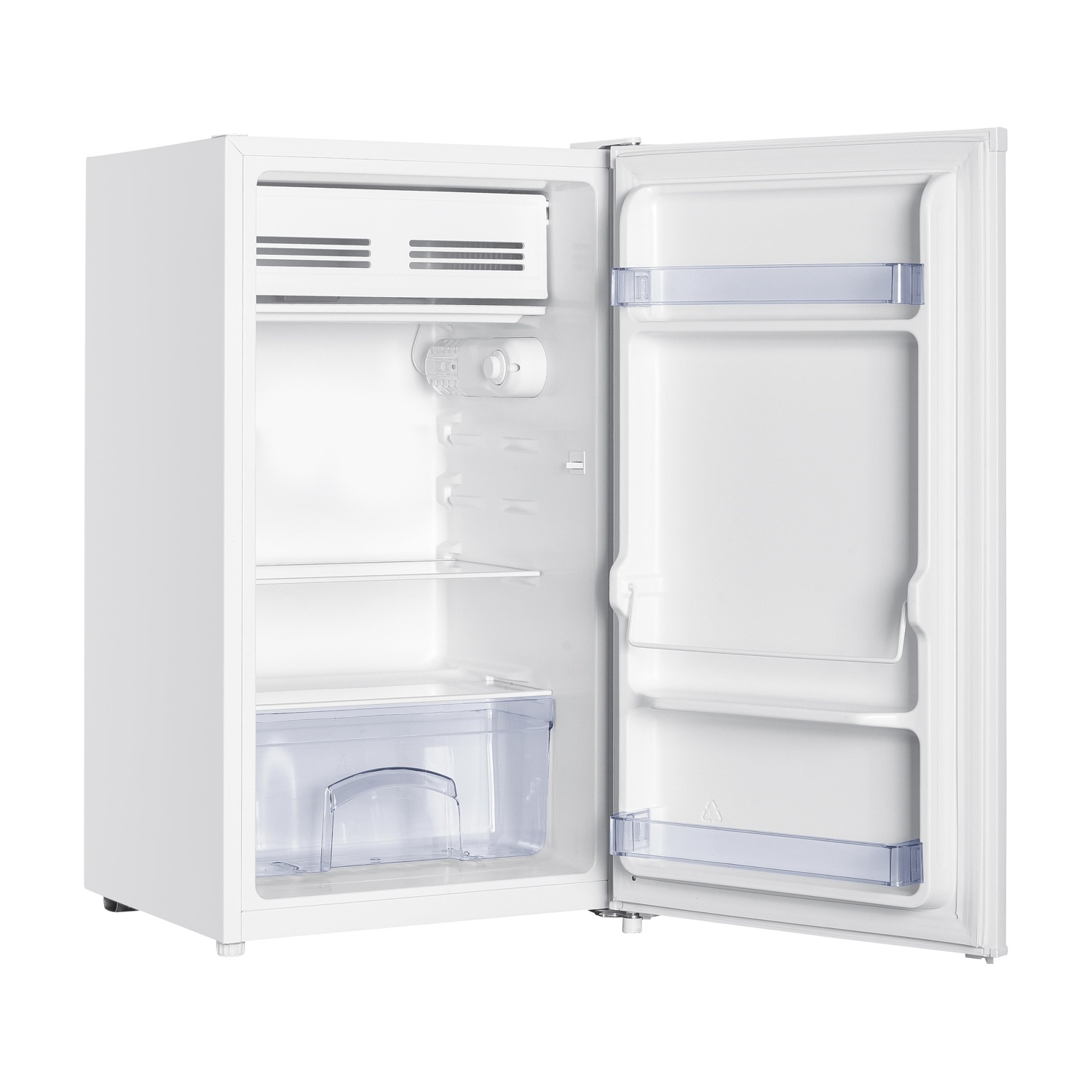 Un frigorifero bianco con la porta aperta, che rivela ripiani e un cassetto per la verdura.
