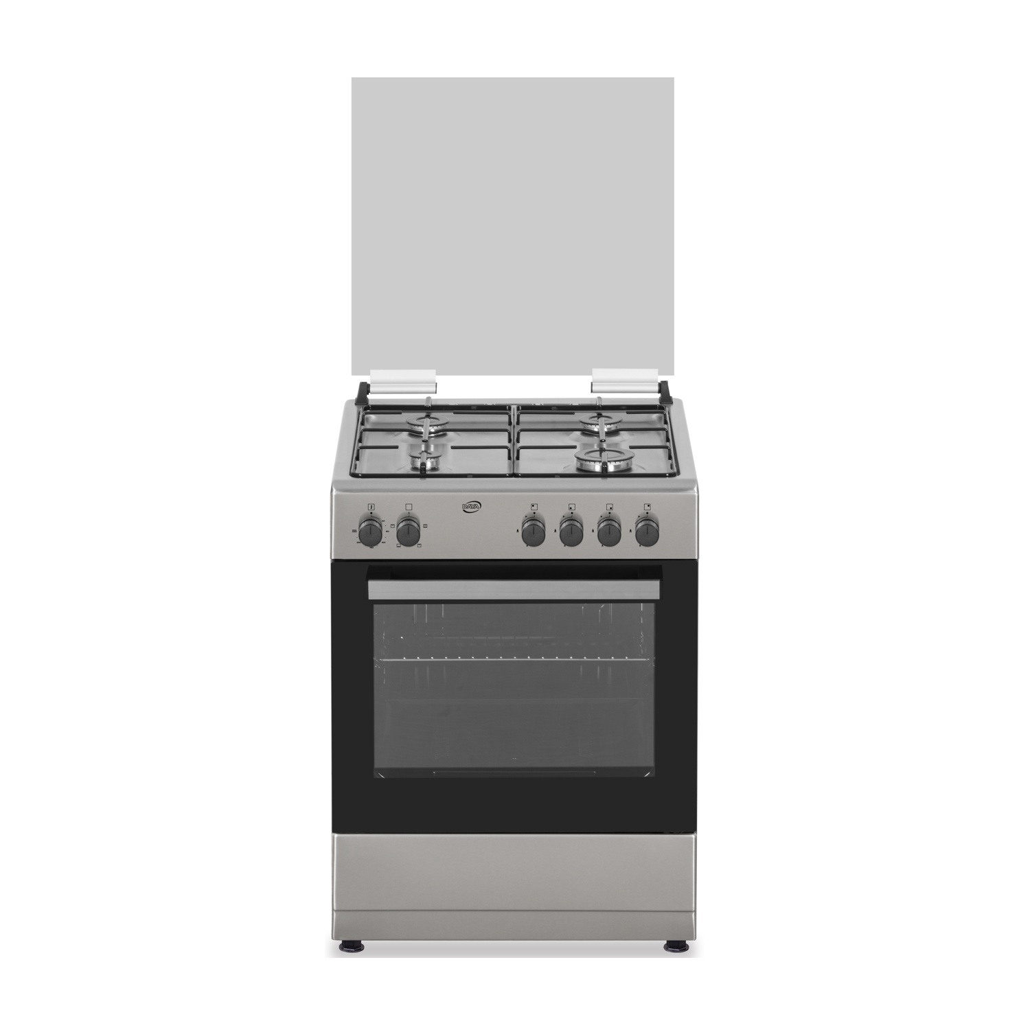 Un fornello a gas in acciaio inossidabile con coperchio aperto. La porta del forno è chiusa. Il fornello è su sfondo bianco.