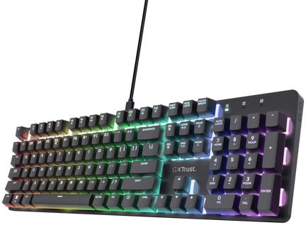 Fekete gamer billentyűzet RGB világítással, megvilágított billentyűkkel és fekete kábellel.