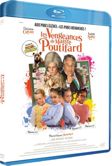 Couverture du film : 'Les Vengeances de Maître Poutifard'. Casting avec Christian Clavier. Fond coloré avec des enfants.
