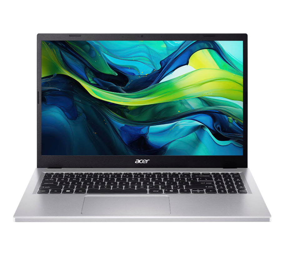 Silberner Laptop mit schwarzer Tastatur und farbenfrohem Bildschirm auf schwarzem Hintergrund.