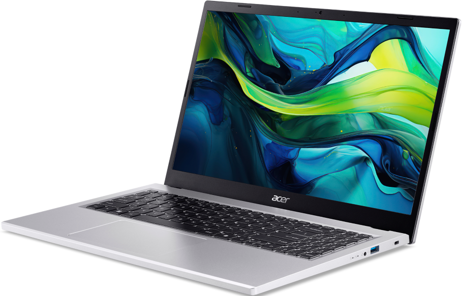 Silberner Laptop auf schwarzer Oberfläche. Der Bildschirm zeigt grüne und gelbe Grafiken.