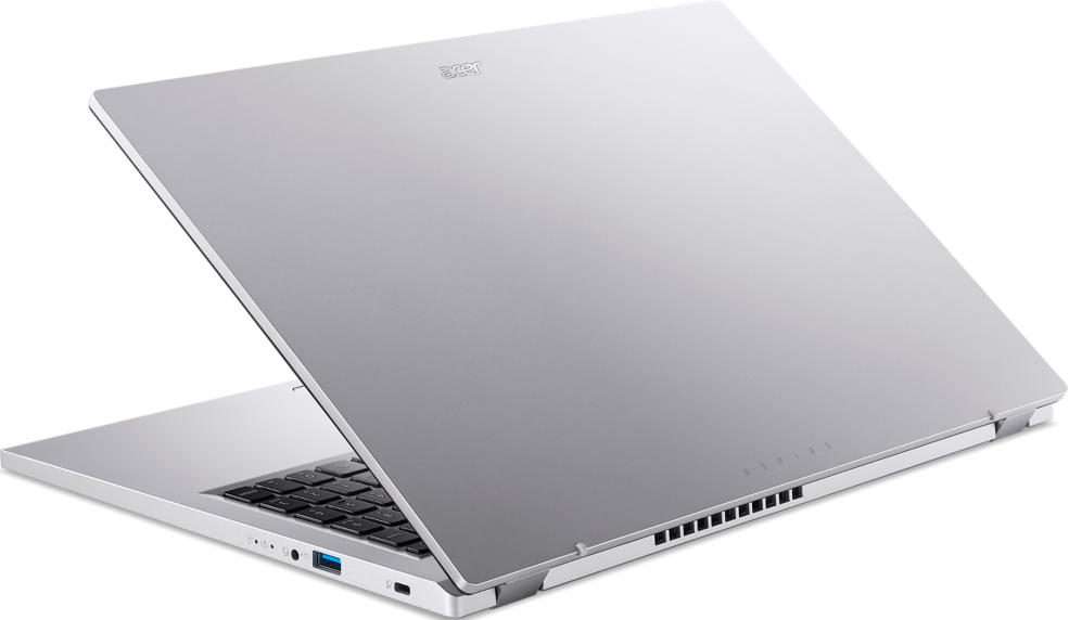 Silberner Laptop mit geöffnetem Deckel, Tastatur sichtbar. Die Rückseite ist nach oben geneigt.