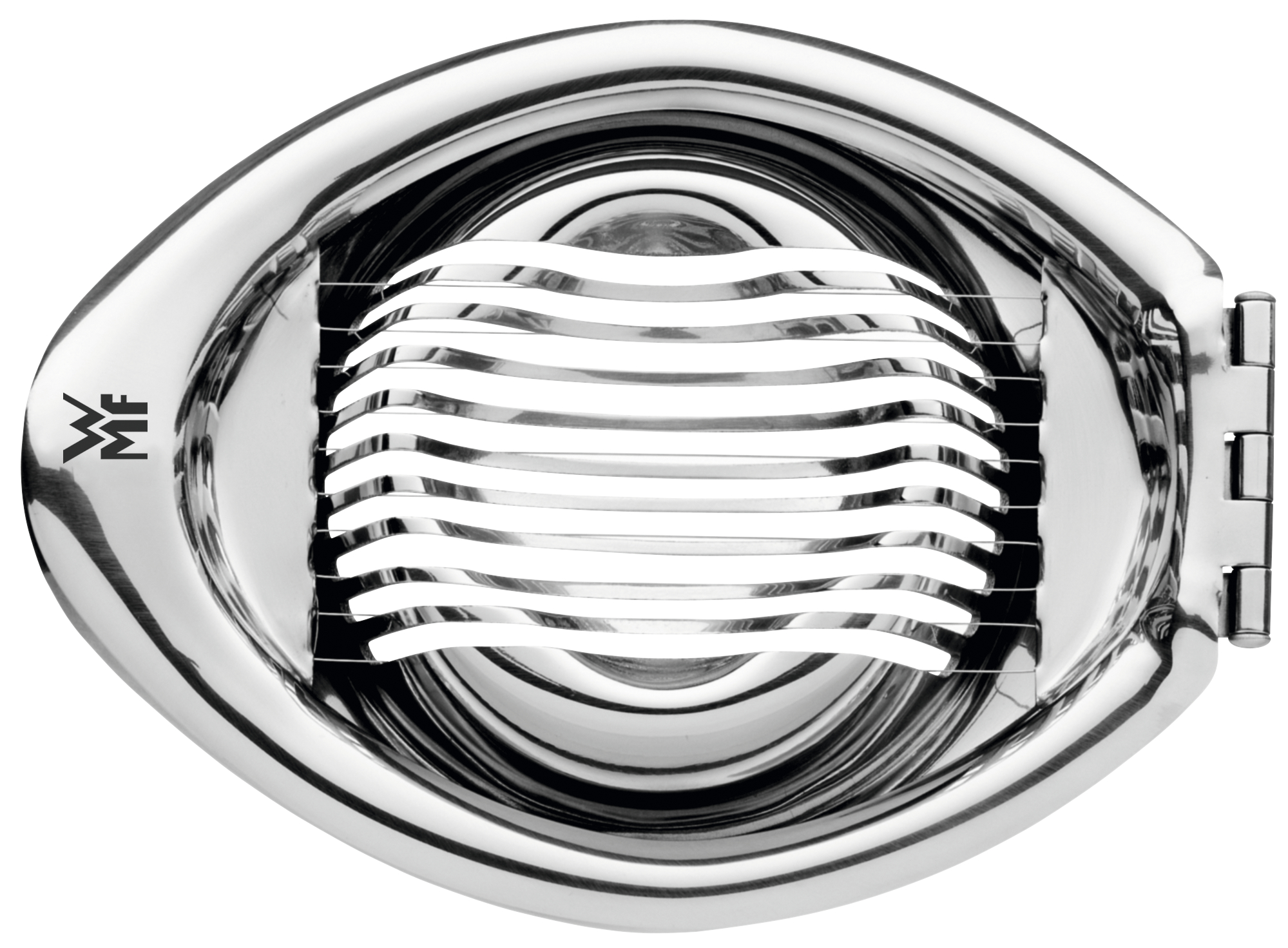 Silberner Eierschneider, ovale Form mit parallelen Drähten zum Schneiden von Eiern.
