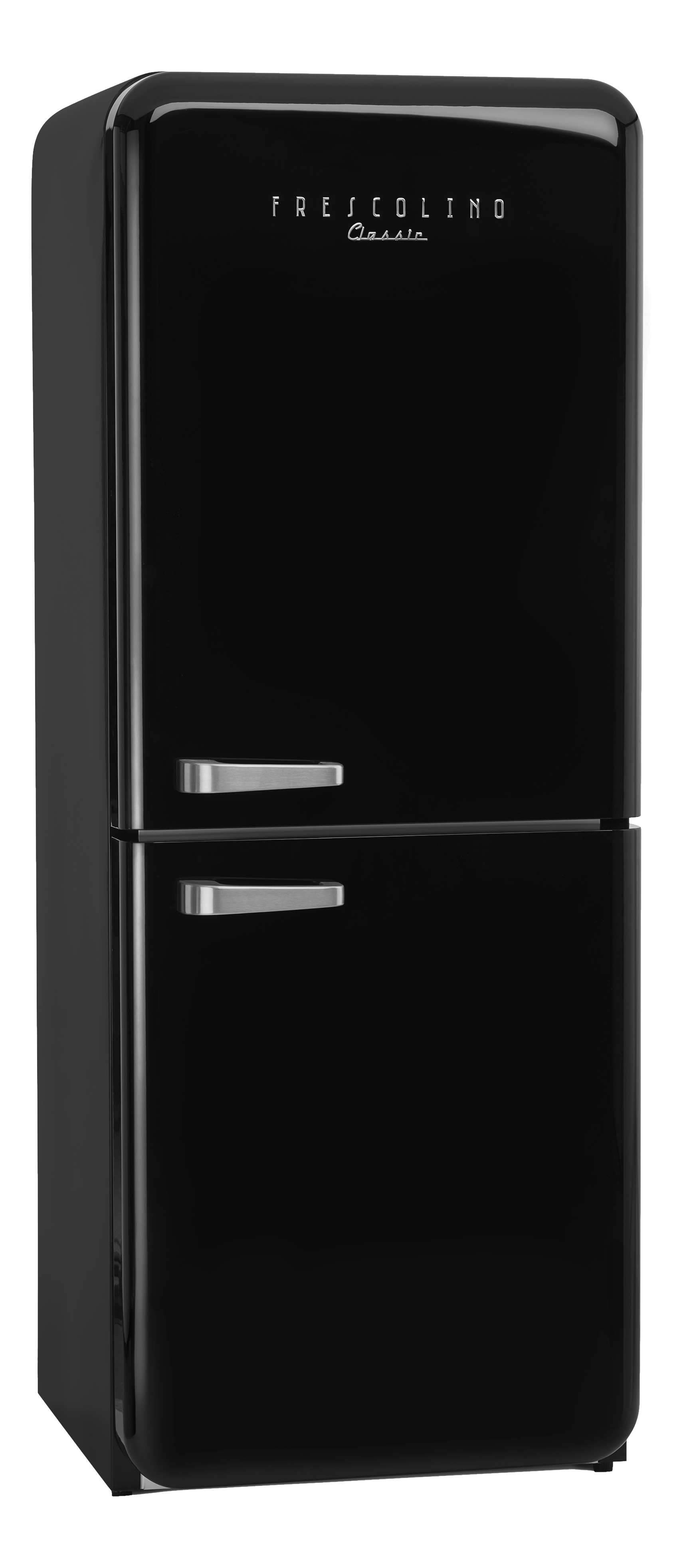 Schwarzer Kühlschrank mit zwei Türen, Chromgriffen und dem Wort 'FRESCOLINO' oben.