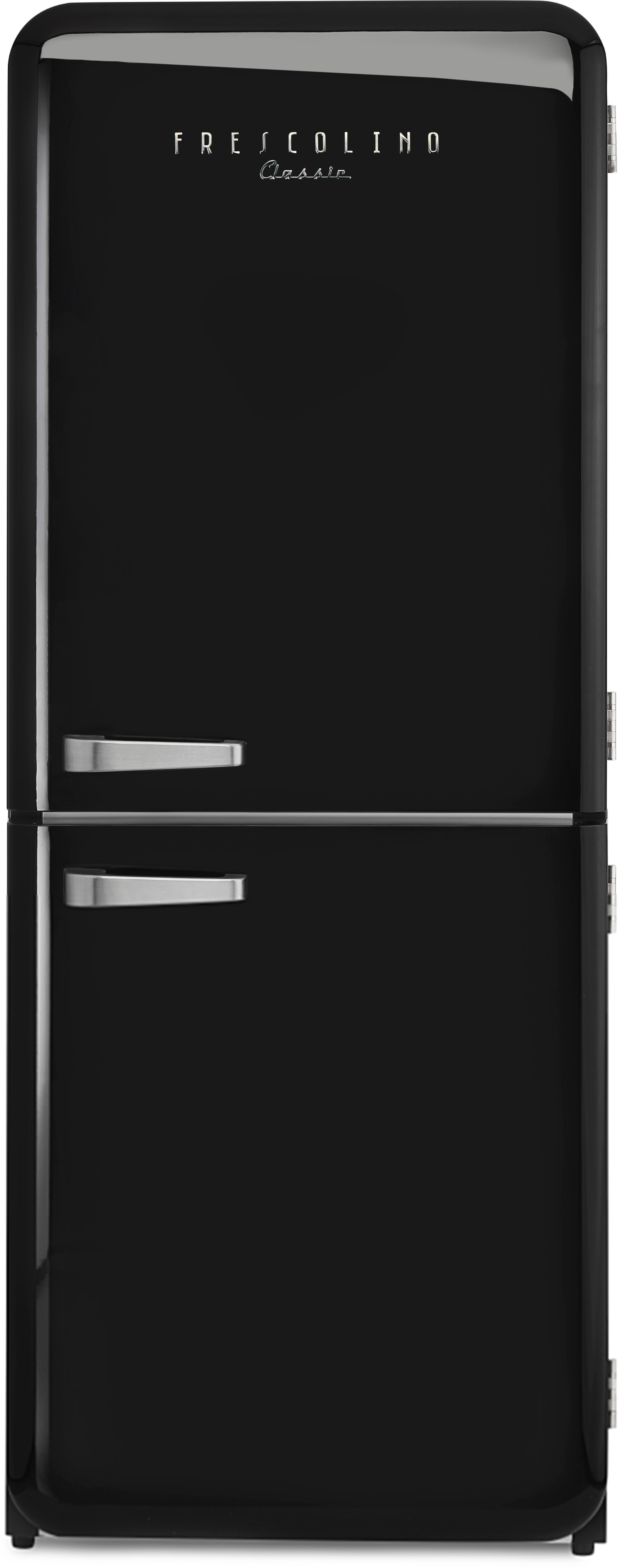 Ein schwarzer Retro-Kühlschrank mit zwei Türen und einem Chromgriff und -besatz.