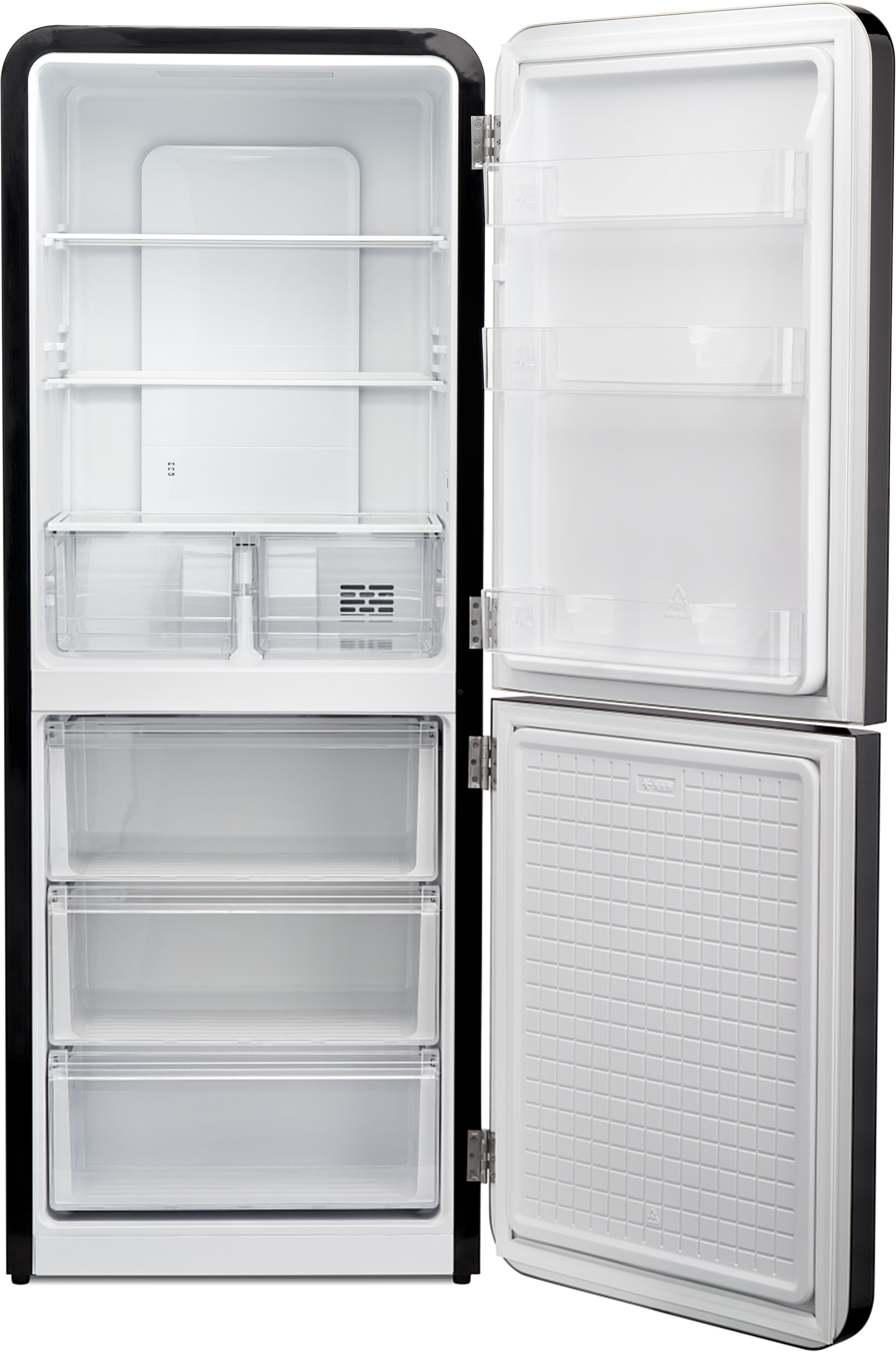 Schwarzer und weißer Kühlschrank mit offener Tür, Regalen und Schubladen.