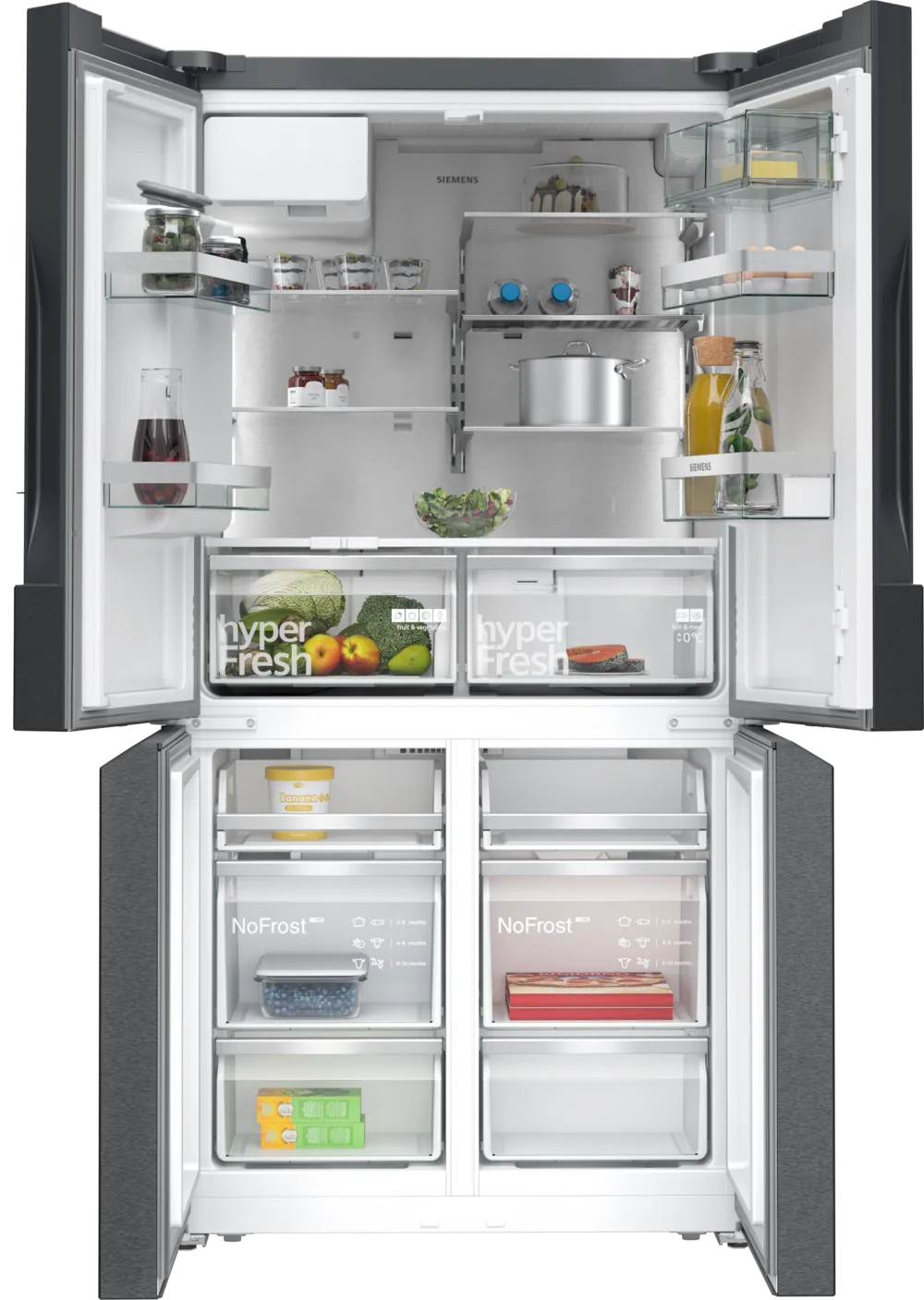 Offener Kühlschrank mit Lebensmitteln, Obst und Gemüse. Mit hyperFresh Schubladen und NoFrost Fächern.