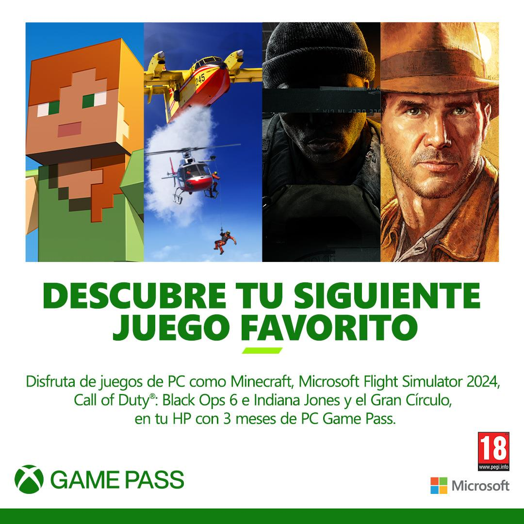 Anuncio de Game Pass con capturas de pantalla de juegos: Minecraft, Flight Simulator y otros.