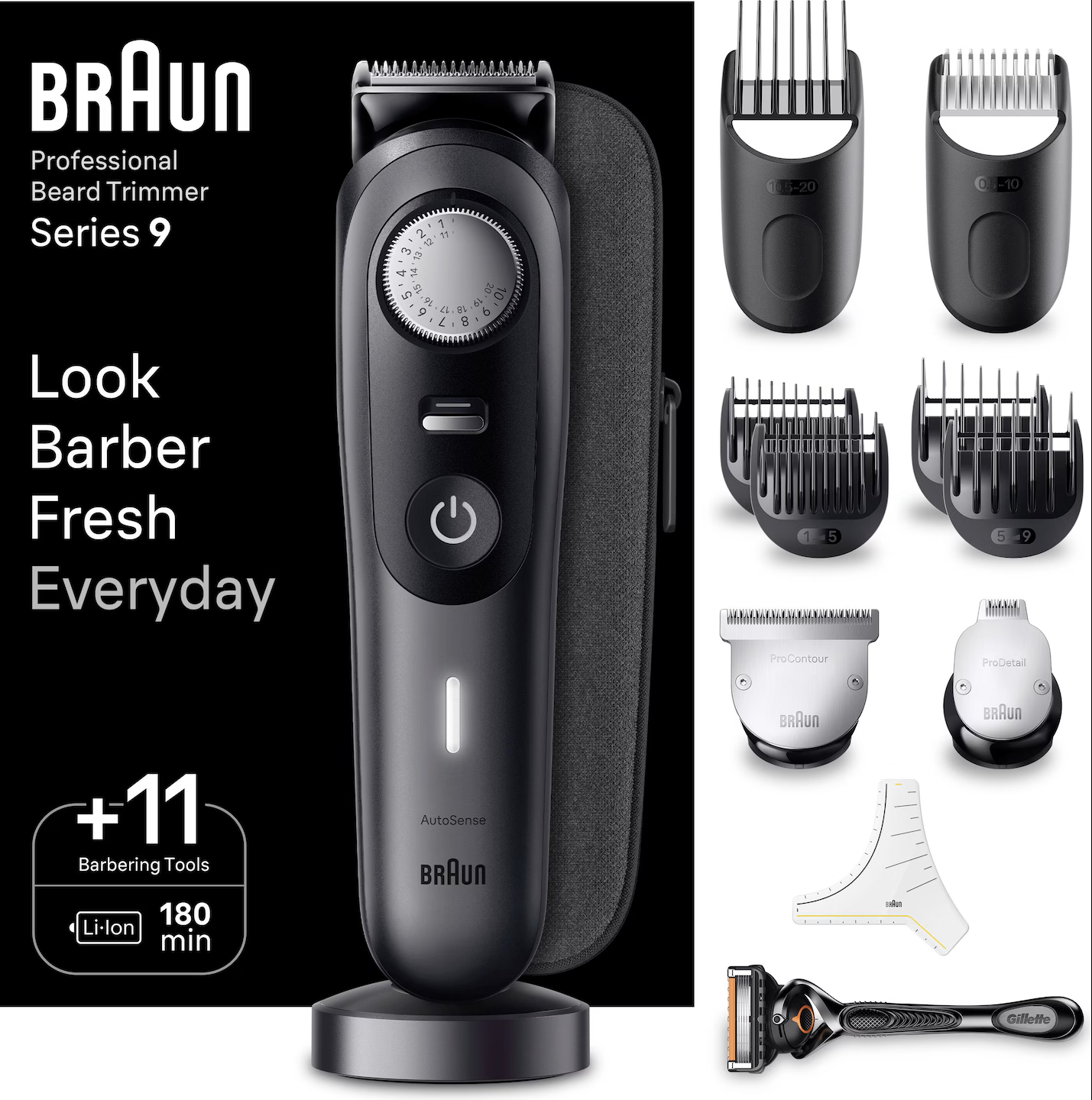 Elektrischer Barttrimmer Braun Series 9 mit Zubehör und Text: Look Barber Fresh Everyday.