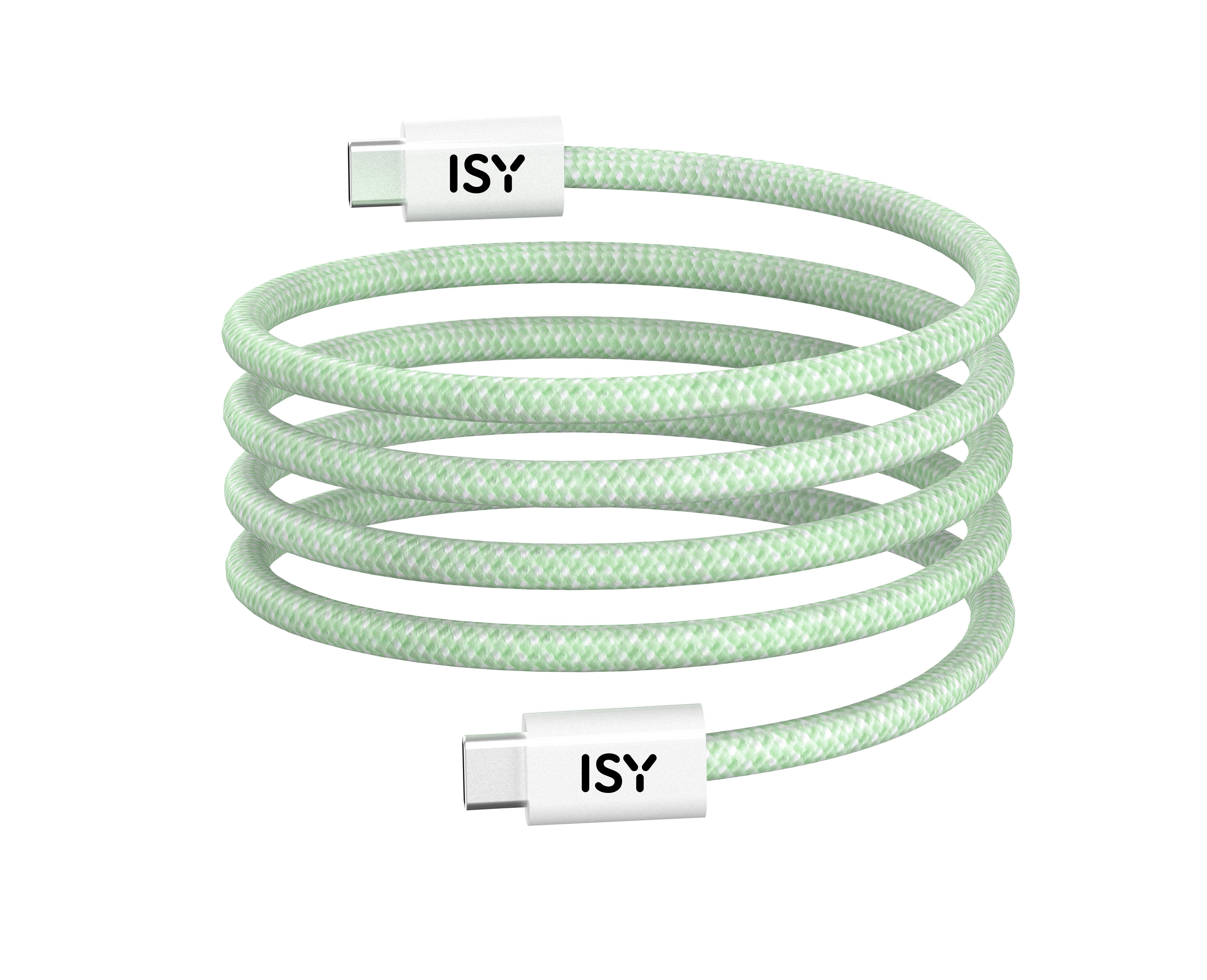 Ein hellgrünes USB-C-Kabel in Spiralform mit weißen Steckern mit der Aufschrift "ISY" an jedem Ende.