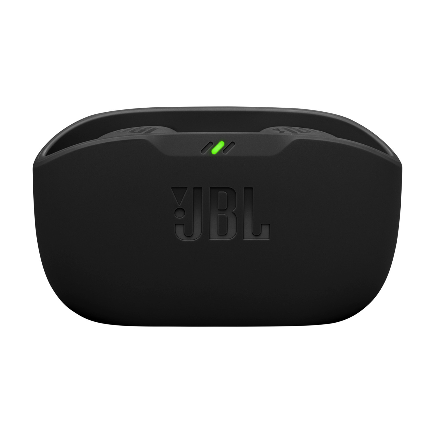 A black JBL charging case, with a green light showing. The top is visible.
