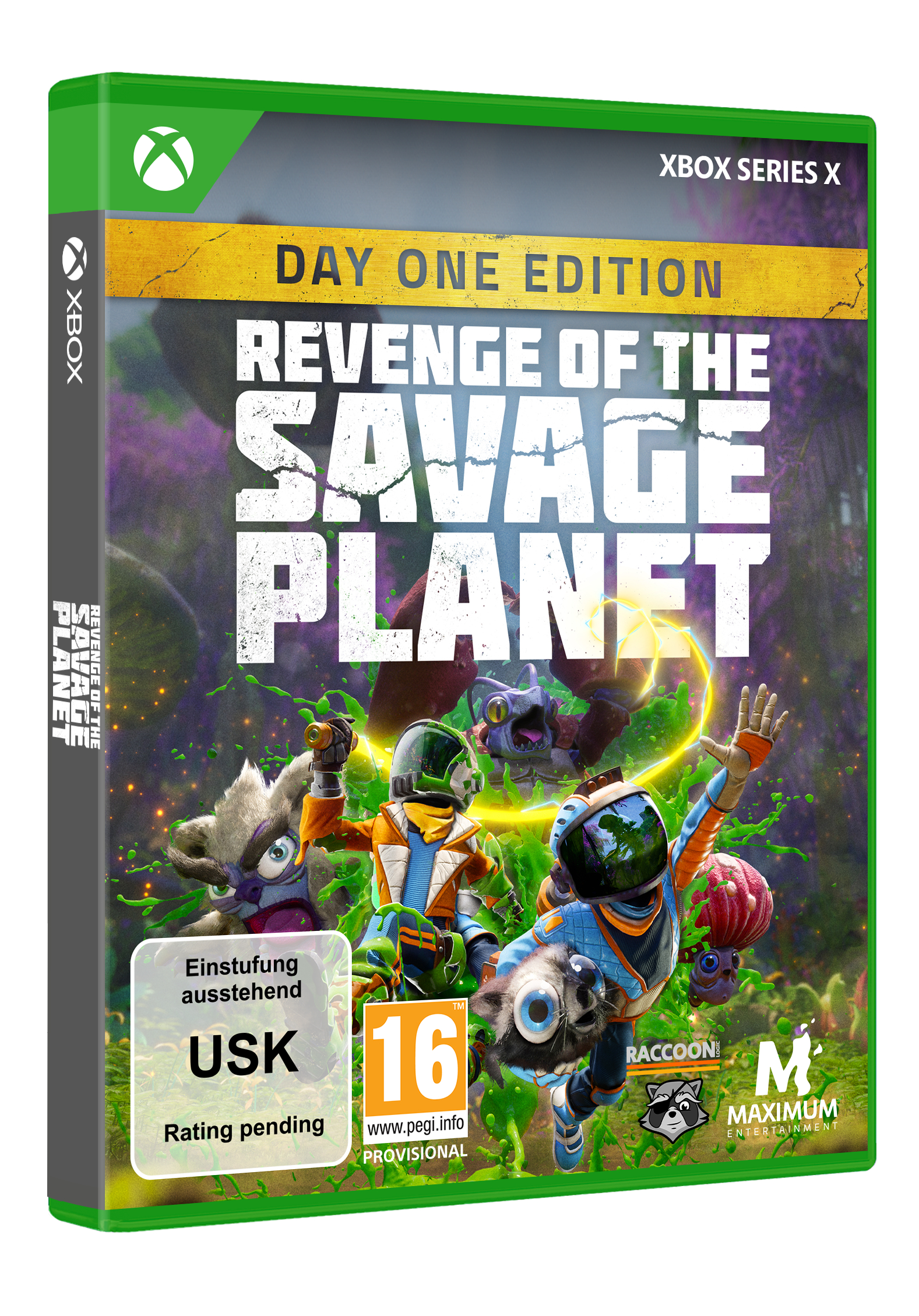 Xbox Series X Spielebox. Das Spiel ist „Revenge of the Savage Planet“ mit Charakteren auf dem Cover.