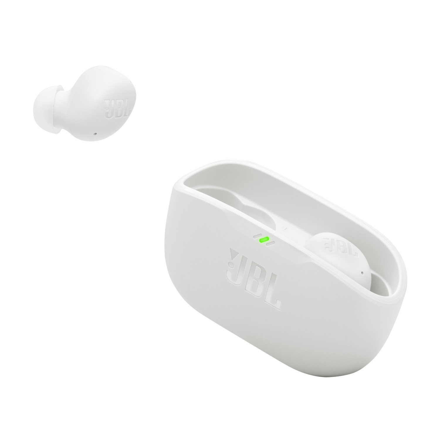 White earbuds in charging case, green light, JBL.