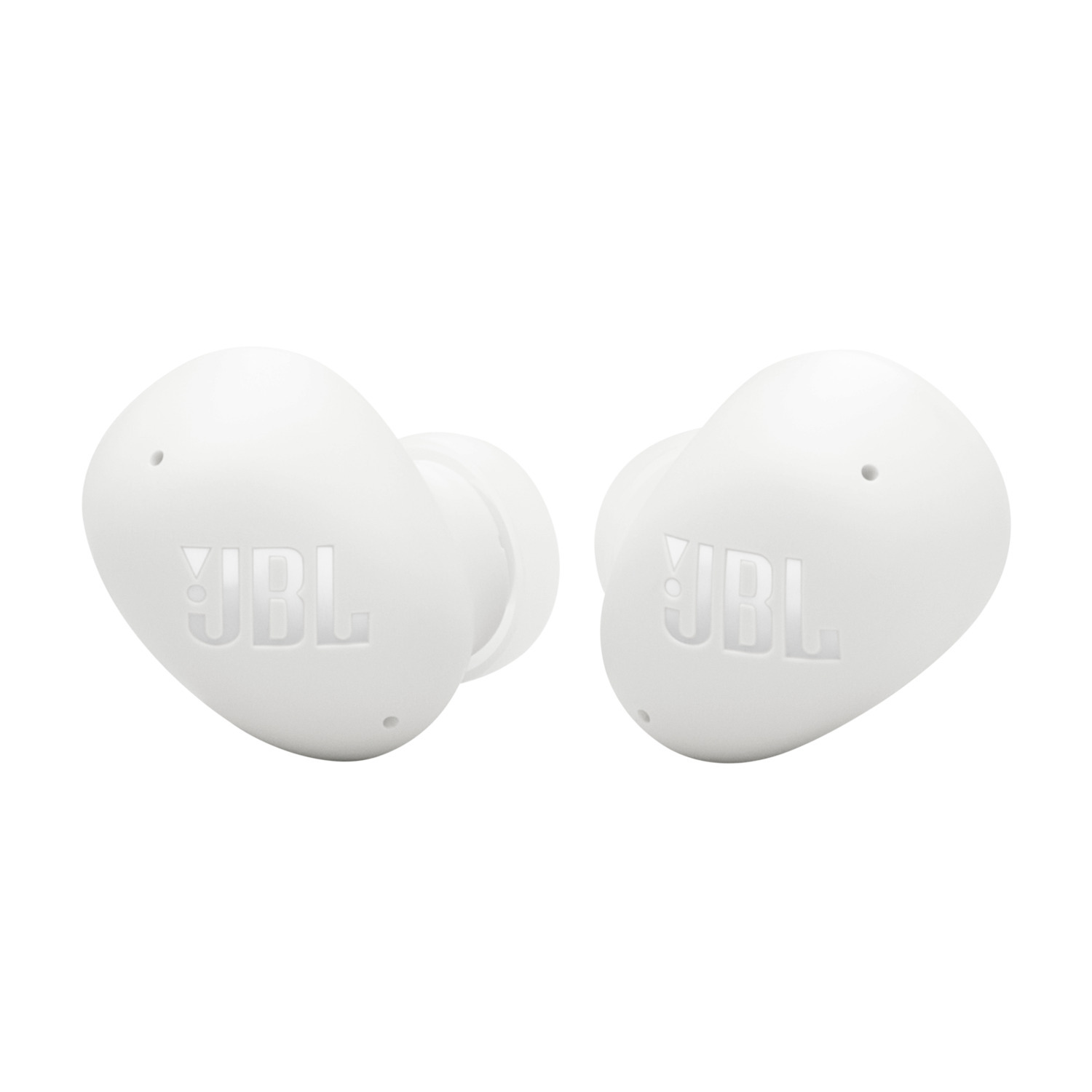 Two white earbuds with the JBL logo. White background.