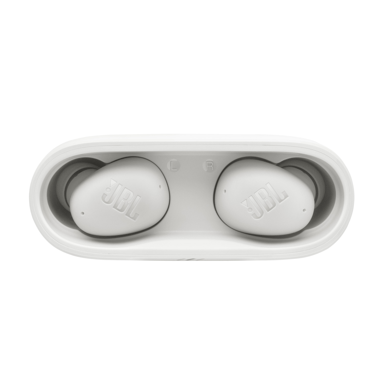 White JBL earbuds in a white charging case. The case is open, and the earbuds are facing up.