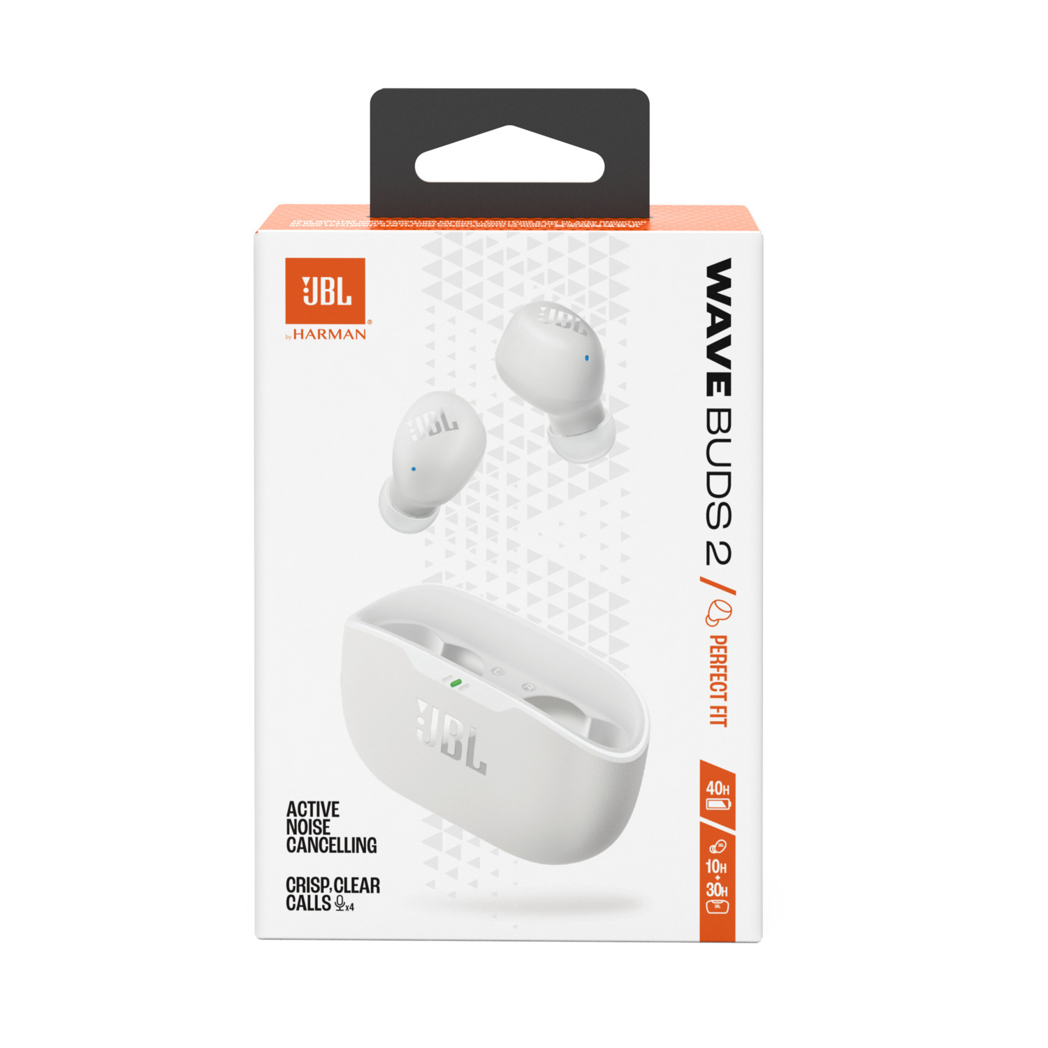 White JBL Wave Buds 2 box with earbuds, charging case and product info.