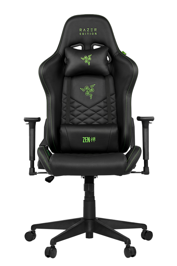 Schwarzer Gaming-Stuhl mit Razer Edition und Zen-Logo, grüne Akzente.