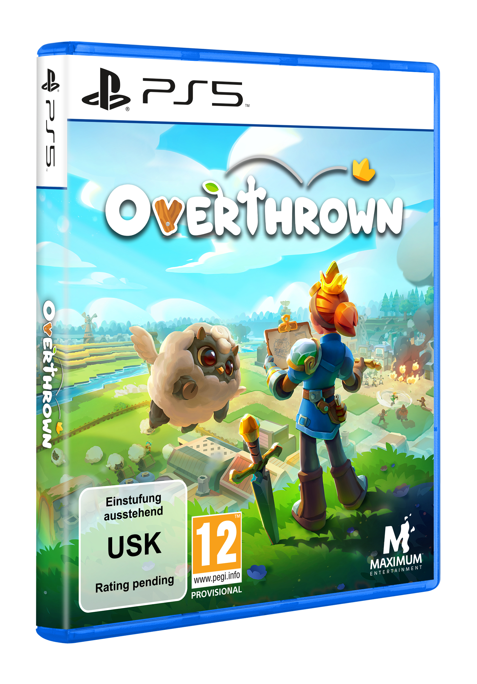Spielbox-Artwork für 'Overthrown' auf PS5, zeigt eine Cartoon-Figur.