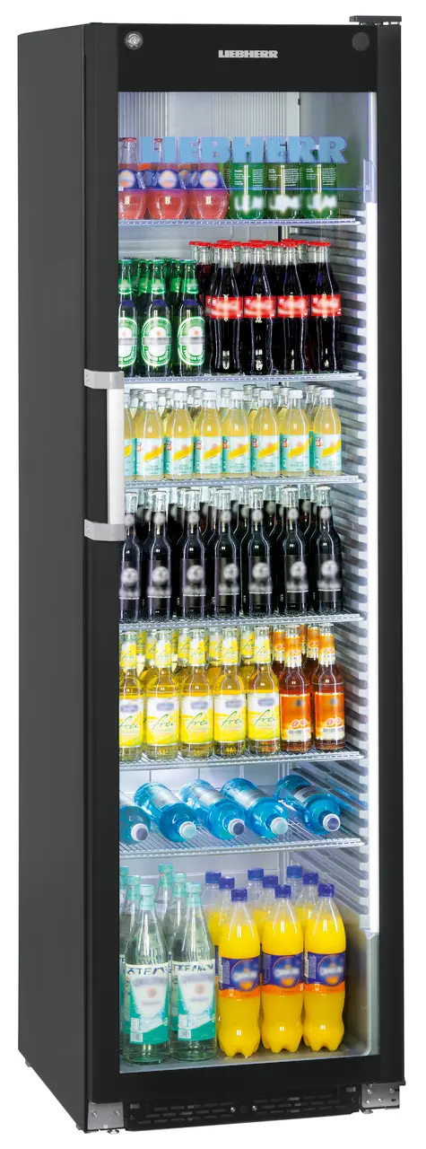 Liebherr-Kühlschrank mit Glastür, gefüllt mit Getränken.
